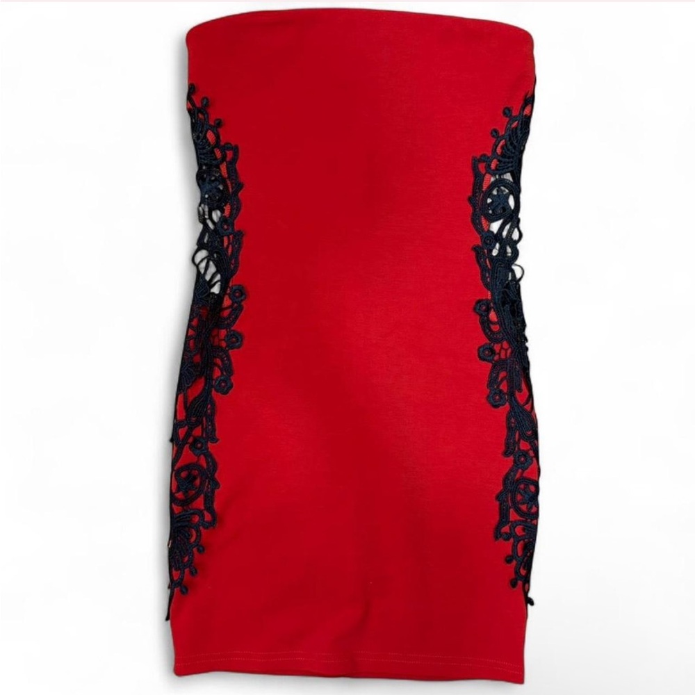 Red and black lace strapless mini dress